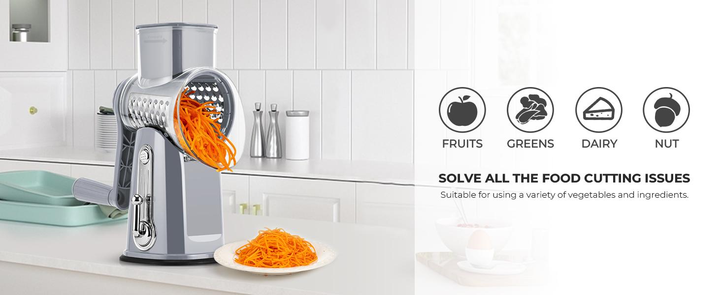 SUSTEAS Rotary Food Cheese Grater with 5 Replaceable 18/10 Stainless Steel Blades, Built-in Strong Suction Base, Kitchen Utensils Kitchenware Modern Vegetable Cutting Home Cooking Mandoline Slicer Grey