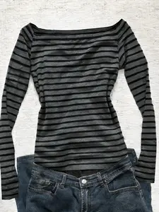 Spring New Women's Striped Long Sleeve Homewear Top, One Shoulder or Regular Shoulder Wear, Versatile and Comfortable, Casual Comfy Stretchy