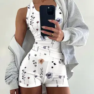 ChicMe 2PCS U-Neck Tank Top & Casual Shorts Set Micro-Ribbed Set/Micro-Ribbed U-Neck Loungewear Set Cozy Loungewear