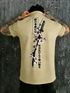 Men's Plus Size Japanese Samurai Sword & Sakura Floral Graphic Print Short Sleeve T-Shirt, Loose Round Neck, Casual Anime Comic Style Streetwear