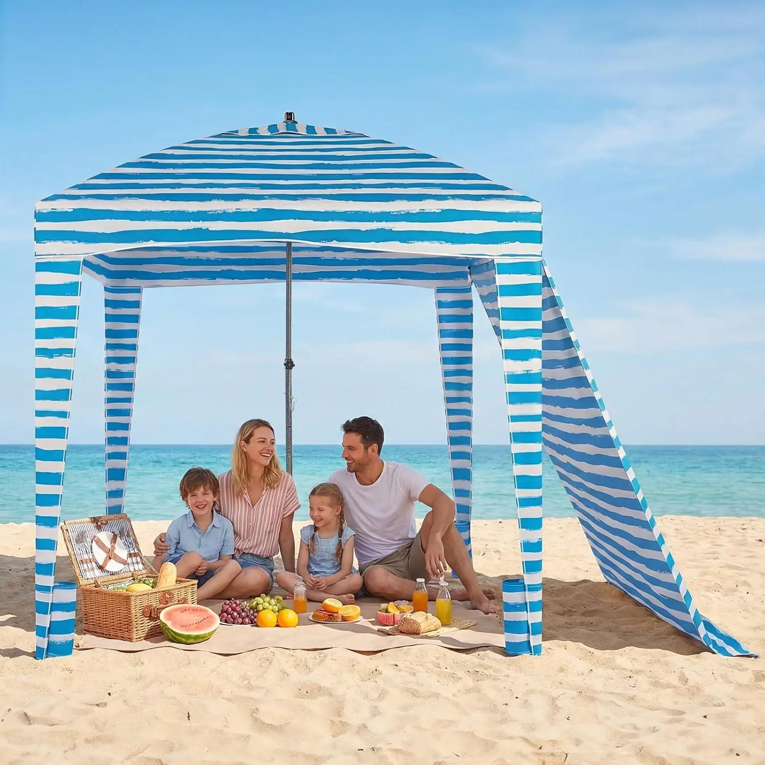 70"x70" Beach  Sun Shelter, UPF 50+ Beach Canopy with Side Wall, Portable Beach Tent with 4 Sand Pockets & Carry Bag, Waterproof Shade for Beach Camping