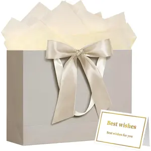 13"  Bag with Handles and Bow Ribbon, Large  Bag with 3 Tissue Paper and 1 Card for Birthdays,  Showers, Wedding, Bridal Showers, Mother's Day (Champagne)