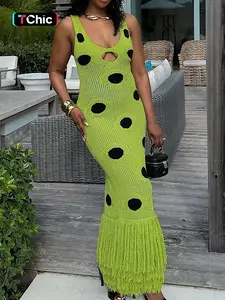 Women's Knit Polka Dot Sleeveless Bodycon Dress, Sexy Hollow Out V Neck Slim Fit Tassel Long Dress, Street Casual Fashion Lady Clothing