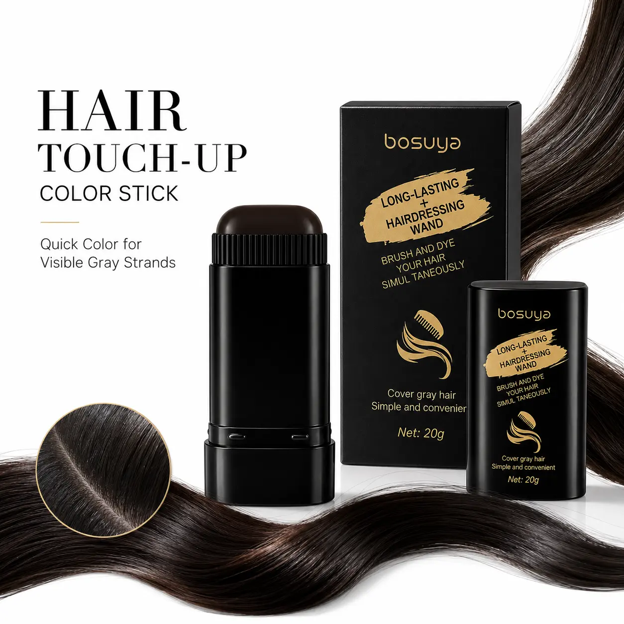 bosuya Gray Hair & Beard Root Touch Up Color Stick, Long Lasting Natural Hairdressing Wand, Easy Apply Washable No-Mess Beard Dye Stick, Quick Cover Gray Roots Portable Hair Color for Women & Men Travel Daily Use