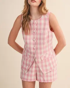 Gingham Tweed Vest and Shorts Set - Candy Pink