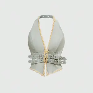 Y2K Denim Halter Corset Top - Distressed Frayed Edges & Buckle Straps | Cyberpunk Streetwear