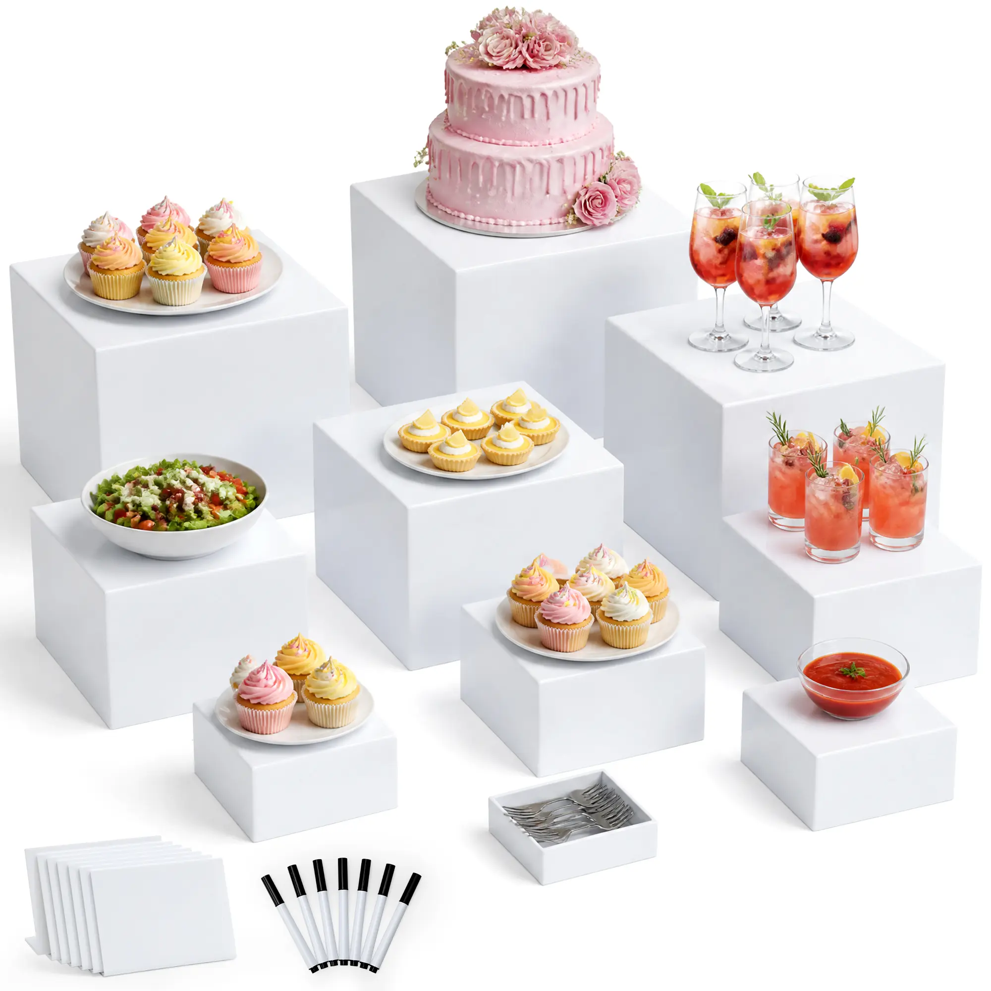 10Pcs White Acrylic Buffet Risers and Stands,Dessert Table Display Set ,Food Risers for Buffet Table Party Wedding Jewelry Collectibles, Acrylic Cube Nesting Boxes Hollow Bottoms with Mini Sign and Marker, (10" 9" 8" 7" 6" 5" 5" 4" 4" 3")