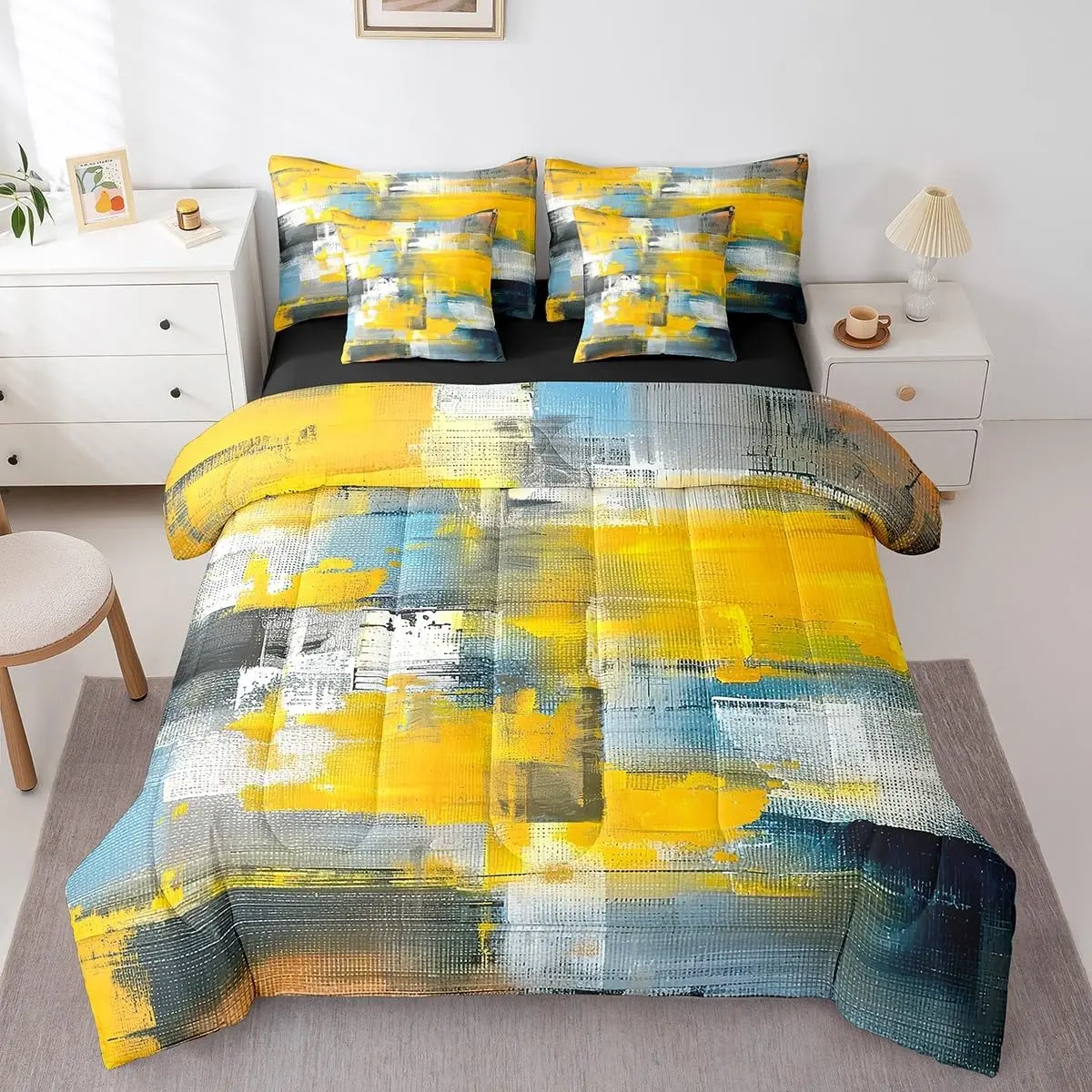 Grey Yellow Modern Tie Dye Bedding 7-Piece Contemporary Grunge Comforter Set with Fitted Sheet Flat Sheet,Abstract Watercolor Art Bed in a Bag Aesthetic Oil Painting Bedding Comforter Sets
