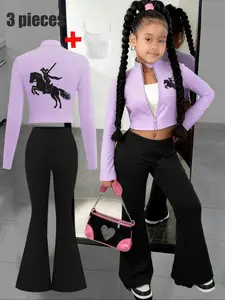 Three-piece set Girls' Knight and Horse Black Pattern Printed Coat + Flared Pants + Camisole, Kid, comfortable and casual, perfect for street-style sweet and cool girls, Fashion Clothes Set, excluding bags