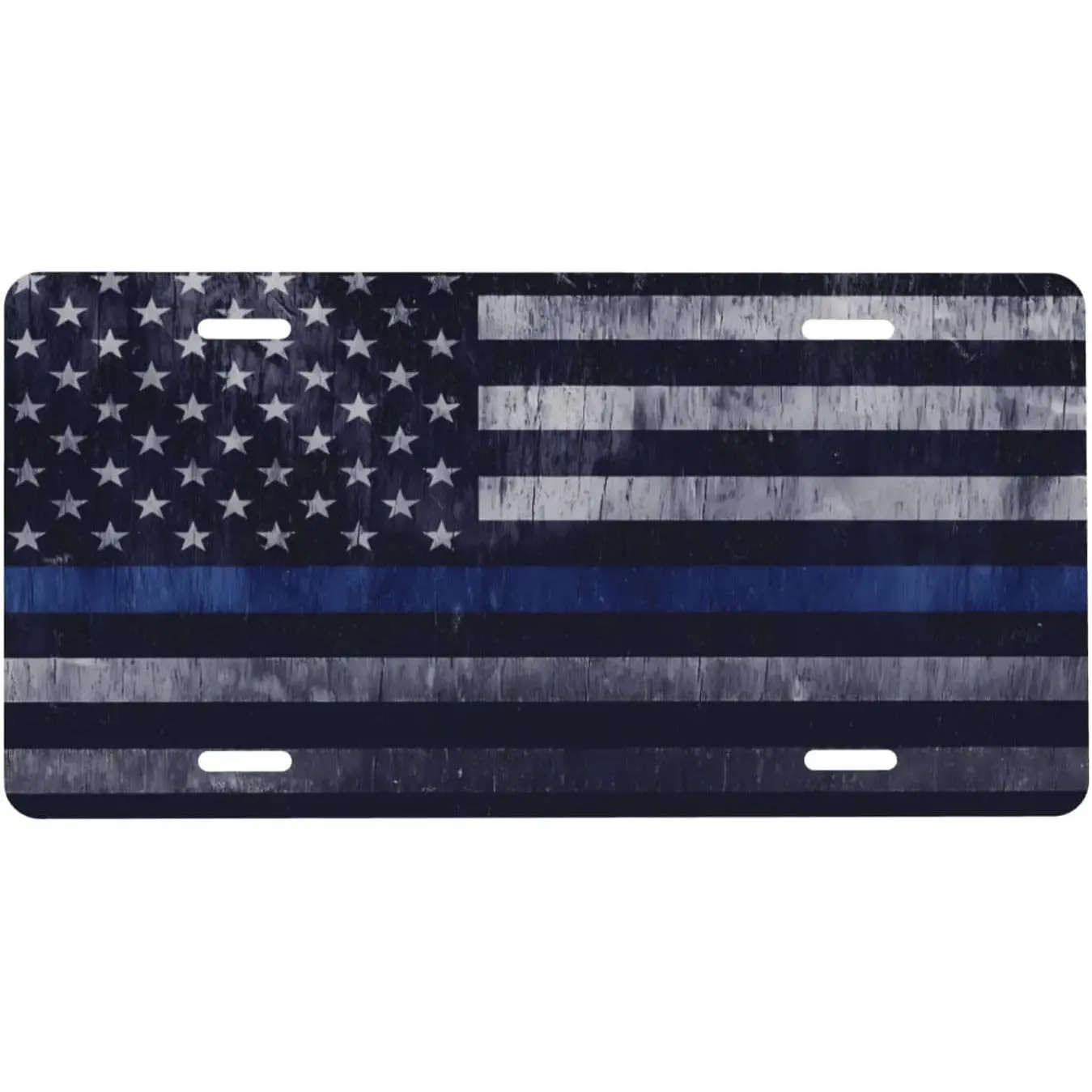 Vintage Thin Blue Line American Flag Front License Plate, 6x12 in Standard Size Aluminum Metal Tag, Distressed Bumper Decor for Truck SUV, 4-Hole Easy Install, Police Support Gift for Men