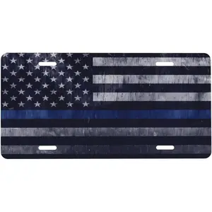 Vintage Thin Blue Line American Flag Front License Plate 6x12 – Police Support Aluminum Metal Car Vanity Tag Cover for Truck SUV with 4 Holes Gift for Men Women
