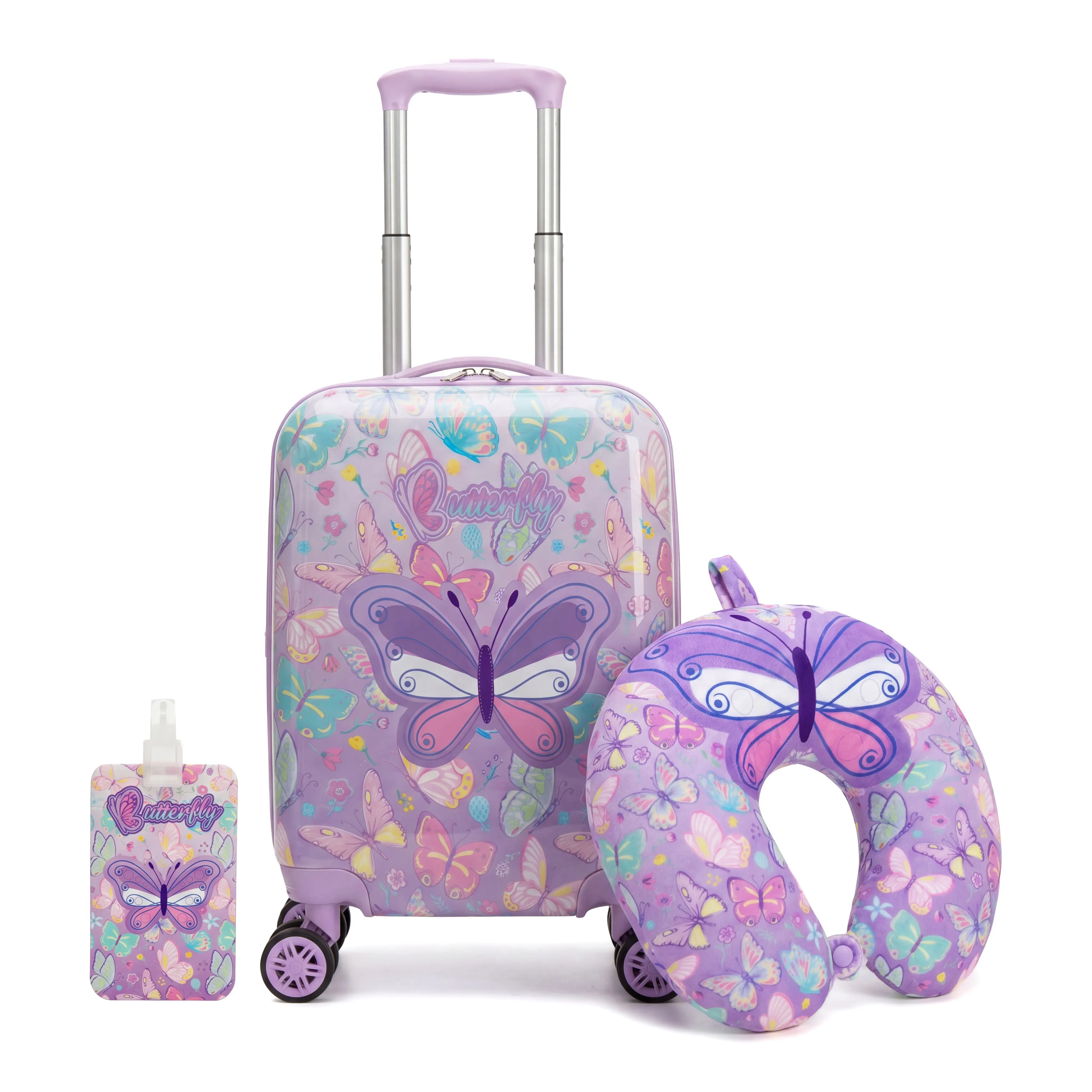 Girls' Luggage Sets, Whimsical Butterflies 3-Piece Hard-Shell Suitcase Set with Spinner Wheels, Pillow & Tag for Family Trips, Back To School Haul, Pastel, Birthdays, Zipper, Sleepovers, Travel
