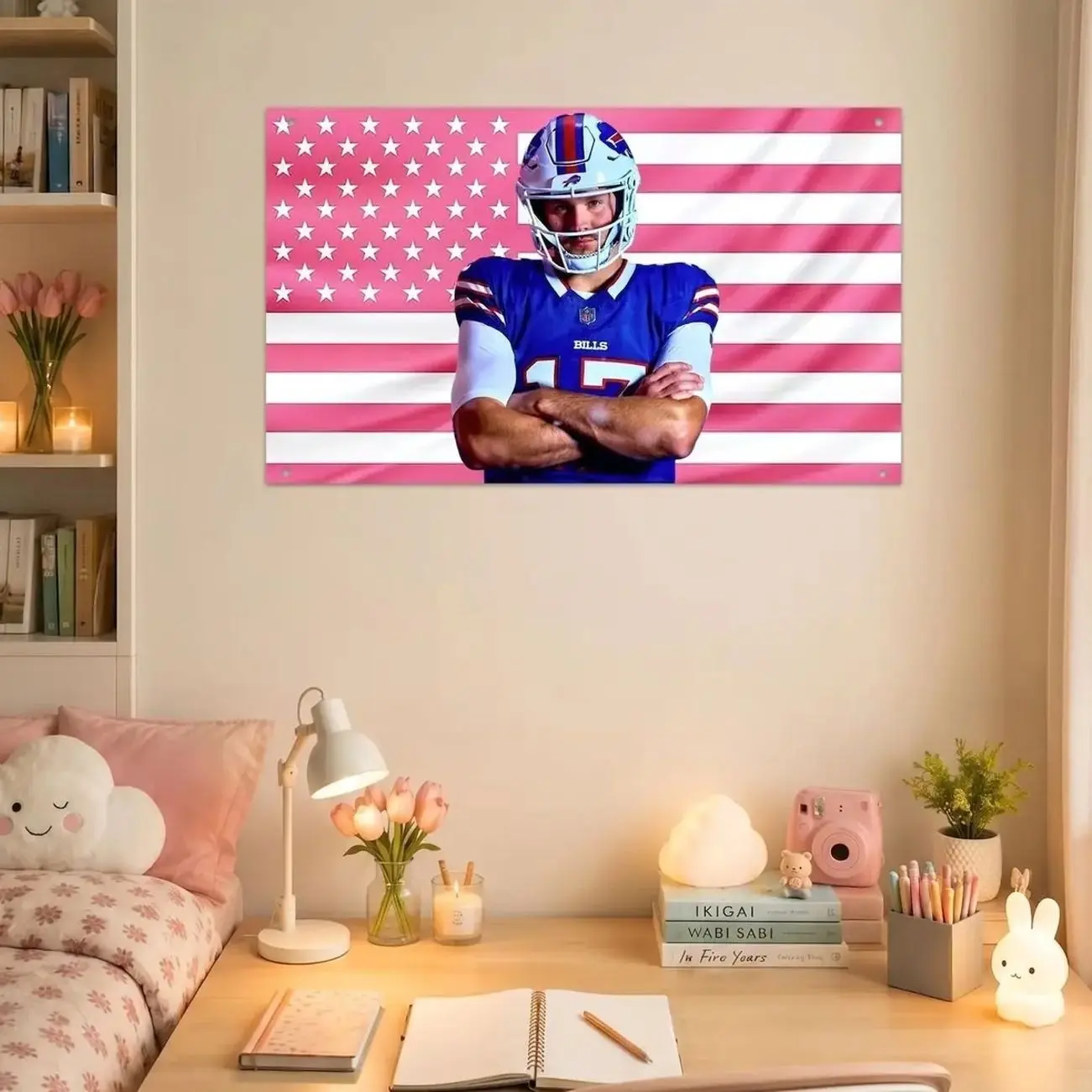 Josh Allen Buffalo Football Flag Wall Tapestry, Pink American Flag Wall Flag, Quarterback Room Decor, Sports Fan Gift