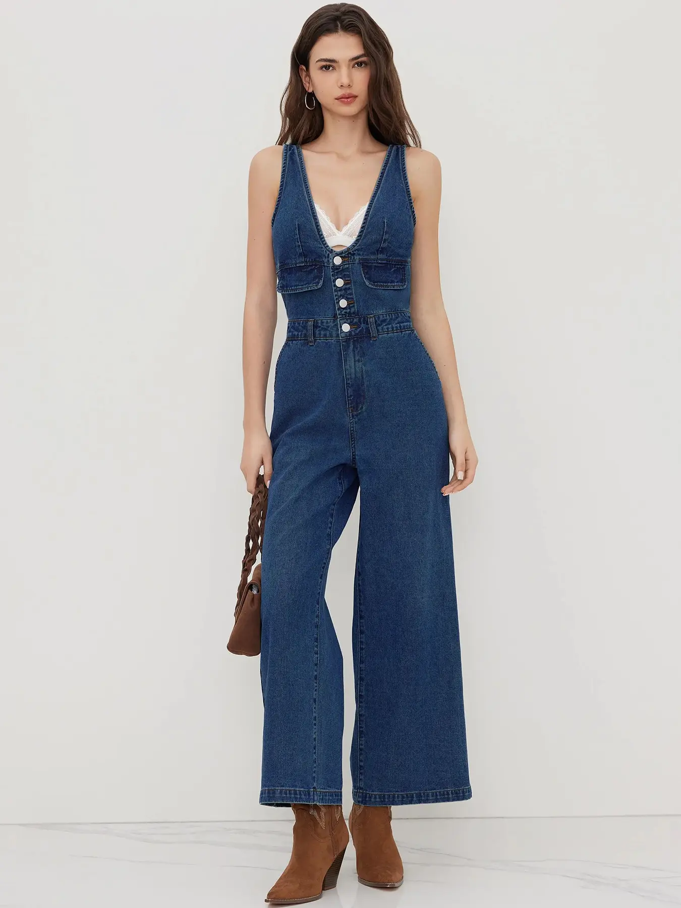 USBOUTIQUE CHIC Women’s 2026 Dark Denim Jumpsuit Sleeveless V-Neck Button-Front Wide Leg Overalls