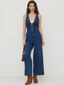 USBOUTIQUE CHIC Women’s 2026 Dark Denim Jumpsuit Sleeveless V-Neck Button-Front Wide Leg Overalls