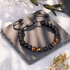 Triple Protection Natural Stone Bracelet Tigers Eye Black Onyx 8mm Beads Bracelet Magnetic for Men Women Adjustable Jewelry