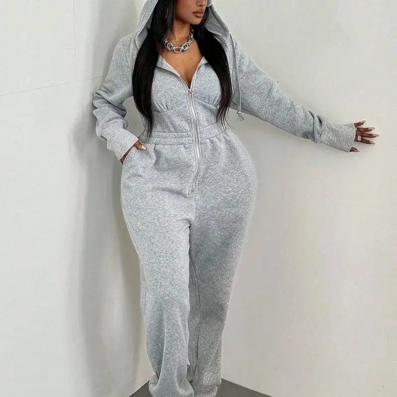 【Plus Size】 Solid Zip Up Hooded Jumpsuit, Casual Long Sleeve Jumpsuit for Fall & Winter, Women's Clothes for Daily Wear, Stretchy Onesie