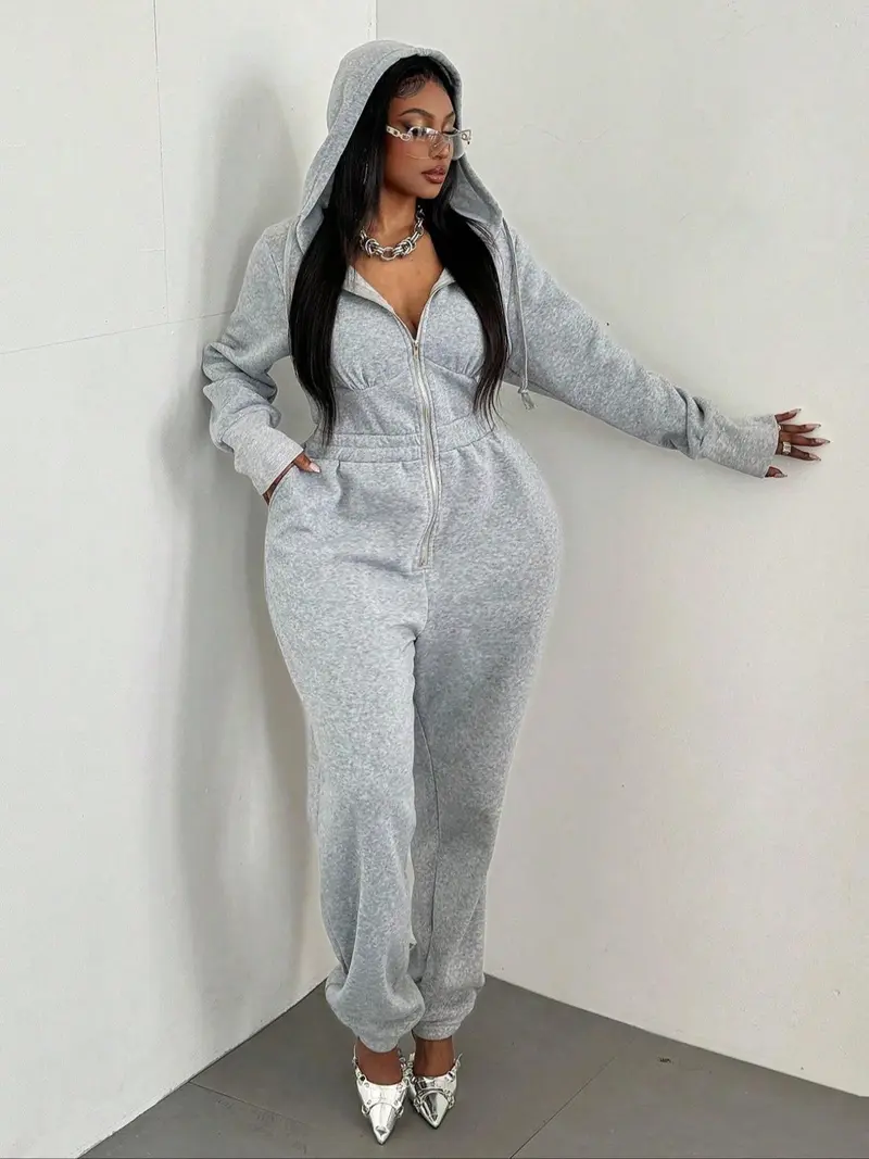 【Plus Size】 Solid Zip Up Hooded Jumpsuit, Casual Long Sleeve Jumpsuit for Fall & Winter, Women's Clothes for Daily Wear, Onesies