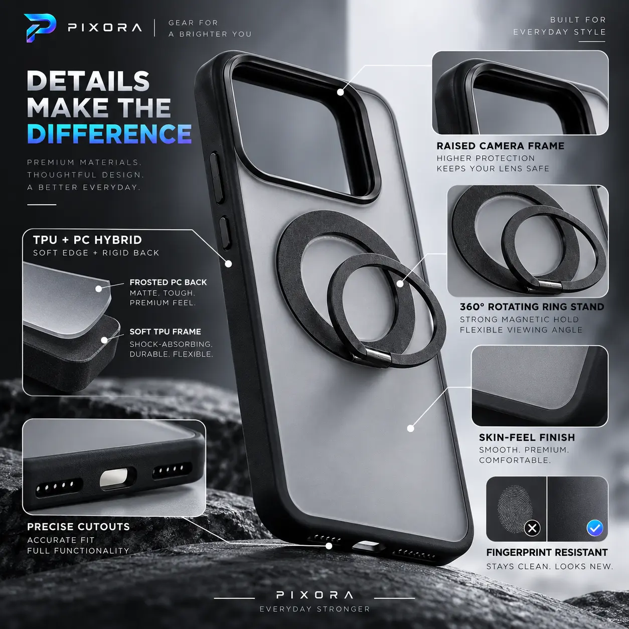 PIXORA Magnetic Ring Stand Phone Case for iPhone 17/16/15/14/13/12 Series, TPU + PC Soft-Touch Anti-Fingerprint Cover, 360° Rotating Stand with Tactile Clicks, 2200G Strong Magnetic Case