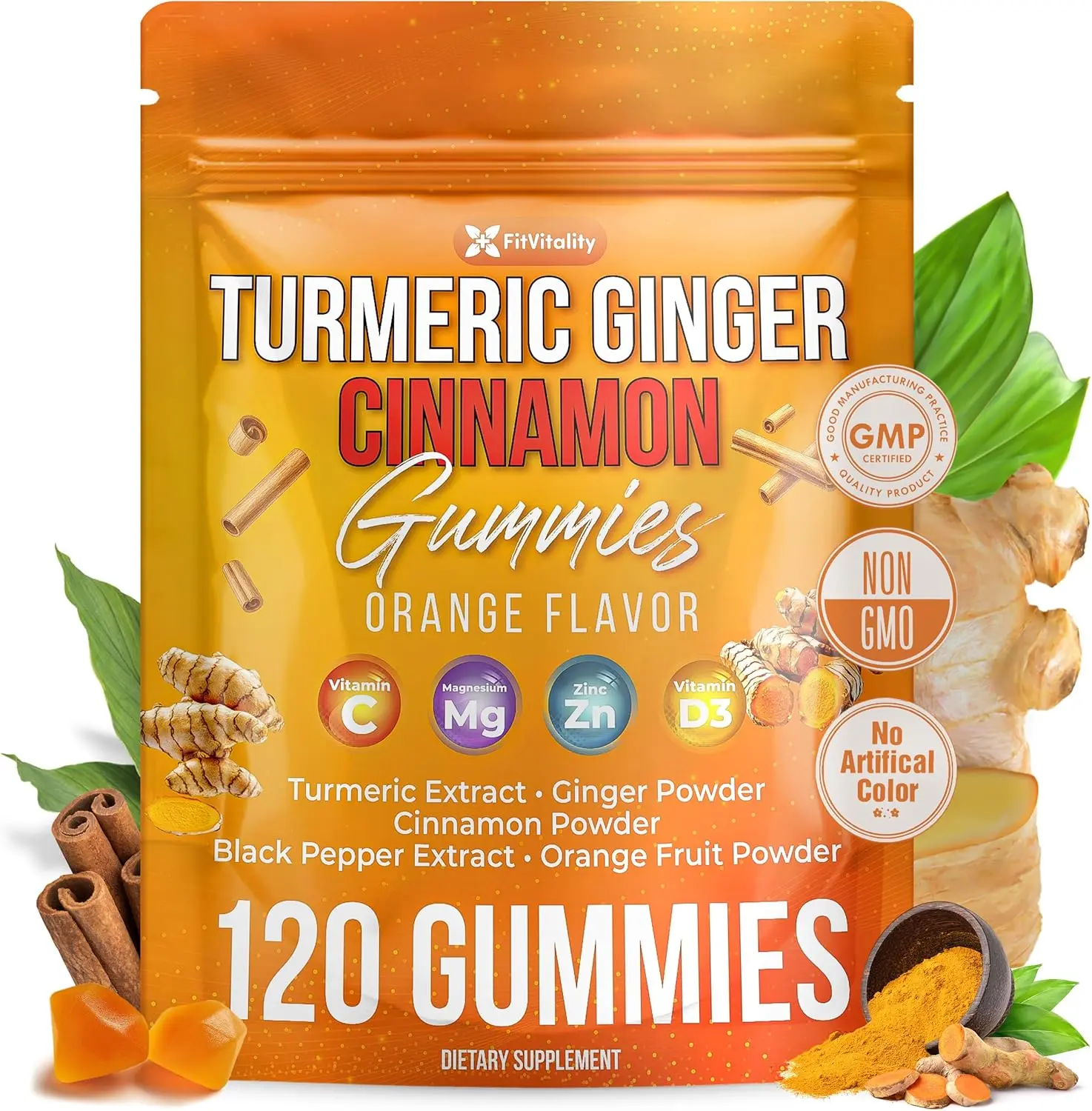 Premium Turmeric Ginger Cinnamon Gummies – Vegan Gummies with Vitamin E, B12, Magnesium, Black Pepper Extract & Vitamin D3 – Orange Fruit Flavor
