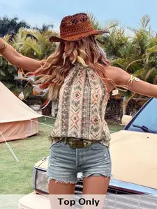 Women's Ethnic Pattern Tank Top without Bottom, Boho Sleeveless Top for Summer, Ladies Clothes for Daily Wear, Bohemian Boho Casual