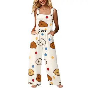 Womens Cute Cartoon Dog Print Wide Leg Overalls Sleeveless Square Neck High Waist Jumpsuit With Pockets For Kawaii Casual Daily Loungewear