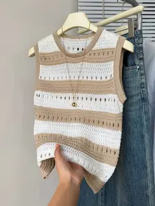 Women's Spring/Summer Crew Neck Striped Colorblock Hollow Out Sweater Vest Casual Everyday Cute Sleeveless Lightweight Stylish Fashion Knit Vest, Fit, Women Summer Top, Cute Summer Tops for Women, Summer Sweater Vest, Summer Knitwear, Womenswear