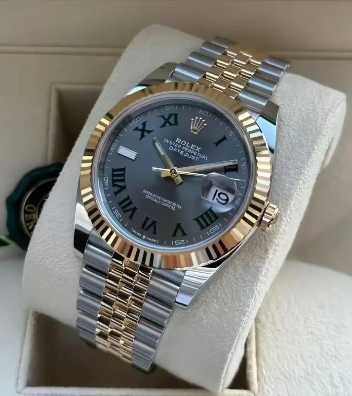 ‮ acilpeR1:1 xeloR  ‬Datejust 41mm Two‑Tone Yellow Gold Jubilee Bracelet Grey Roman Numeral Dial Automatic Men Watch
