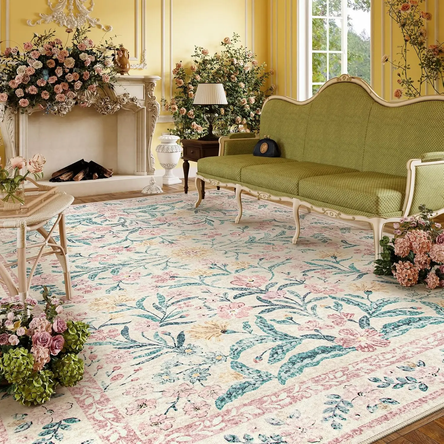 【FallFreshness】Lahome Flower Washable Area Rugs, Non-Slip Soft Rug for Dining Room, Living Room, Bedroom and Kitchen, Spring Rugs for Decor