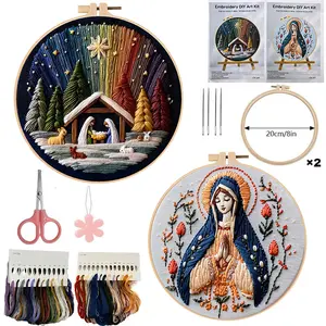Holy Manger Nativity Christmas Embroidery Kit, Needle Crafts Kit, DIY Needlework Materials Set with English Stitch Guide, Handmade Holiday Decoration Gift