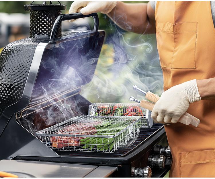 ivtivfu Grill Basket Set 2PCS with Removable Beech Wood Handle 304 Stainless Steel Heavy Duty Rectangular & Hexagon BBQ Tools for Vegetable Shrimp Outdoor Camping Kitchen Barbecue Cooking Gifts for Men Dad Husband - Utensils Cover