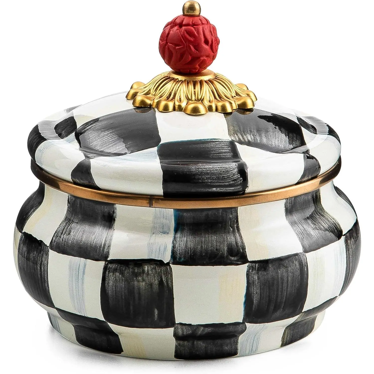 Enamel Squashed Pot, Cute Enameled Container with Lid, 20 Ounces, Black-and-White Courtly Check