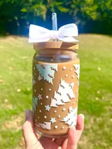 Mint and White Christmas Tree Glass, 16oz Glass Can, Christmas Tree Tumbler, Holiday Glasses, Christmas Gift for Her