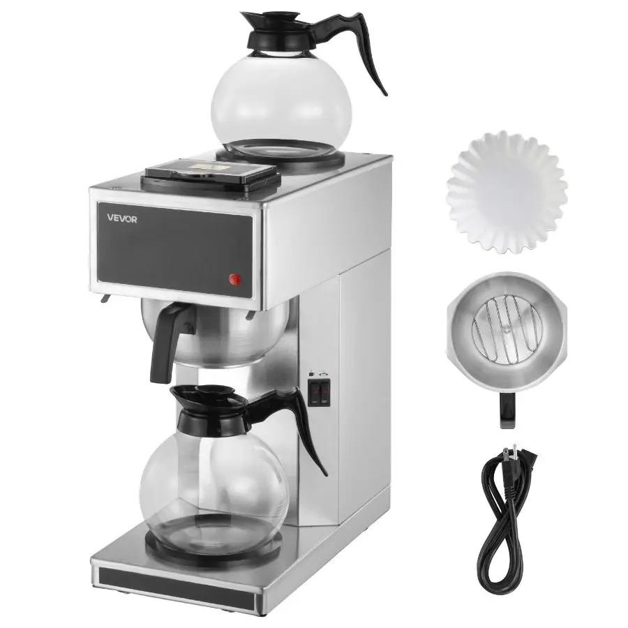 VEVOR Commercial Drip Coffee Maker, 12 Cups Coffee-Maker Machine with 2 Glass Carafes and 2 Decanter Warmer Plates, Stainless Steel Drip Style Coffee Brewer, for Restaurant, Office, Coffee Shop Home