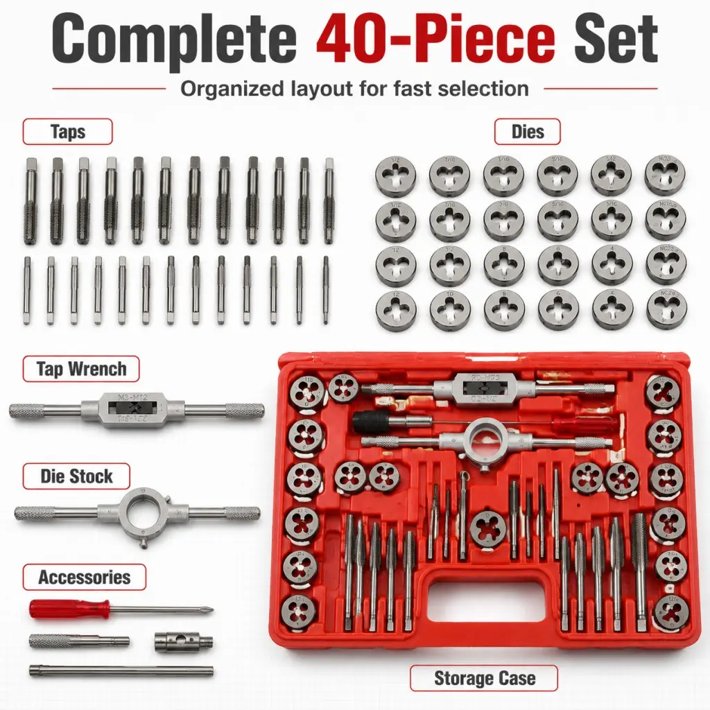 40PCS Tap and Die Set, Metric Size Standard M3 to M12, Threading Tool Set for Cutting External and Internal Threads with Adjustable Handles, Complete Accessories and Storage Case