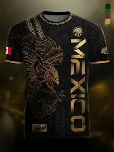 Mexico Gold Eagle Aztec Warrior Heritage Soccer Jersey, Fitted Casual Long Sleeve Design, All over Print for All Seasons
