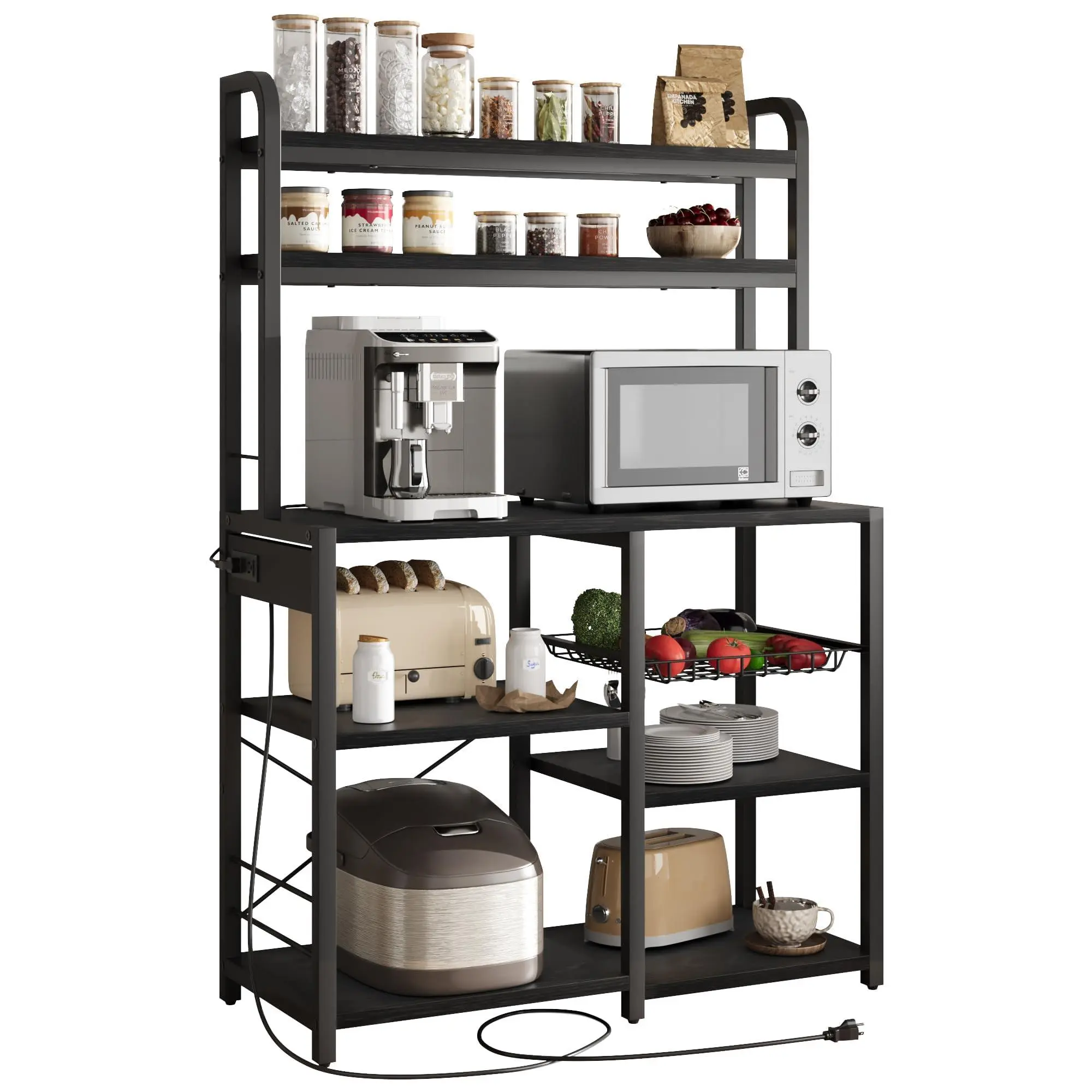 Kitchen Shelving Unit for Microwave Oven with Socket, Multiple Compartments for Kitchen Supplies, Black, Dimensions 90×40×150 cm