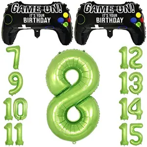 Video Game Party Balloons for Boys 8th Birthday Decorations- 2 Packs Game Controller Mylar Balloons with Green Number Balloons 8