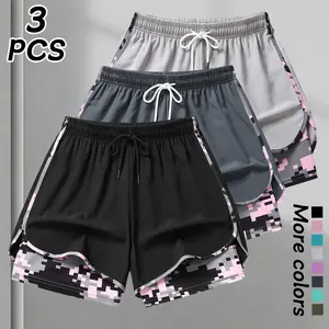 Summer women’s shorts (3-pack), outdoor running shorts, fashionable casual women’s shorts. Double-layer faux two-piece camouflage print 5-inch inseam pants, breathable and quick-drying, with side mesh pockets