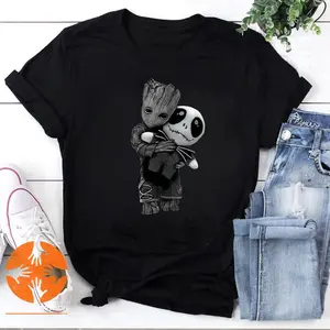 Baby Groot Hugs Jack Skellington Vintage T-Shirt, The Night Before Christmas Shirt, Groot Hugs Jack Shirt, Lovely Groot Shirt Classic Cotton