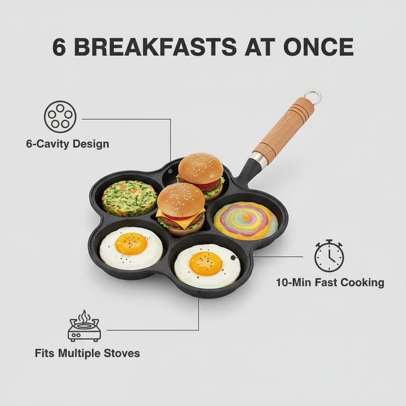6-Hole Cast Iron Frying Pan Non-Toxic Naturally Non-Stick Fits All Stoves for Eggs Mini Burgers Pancakes Safe Everyday Use Easy Cleanup