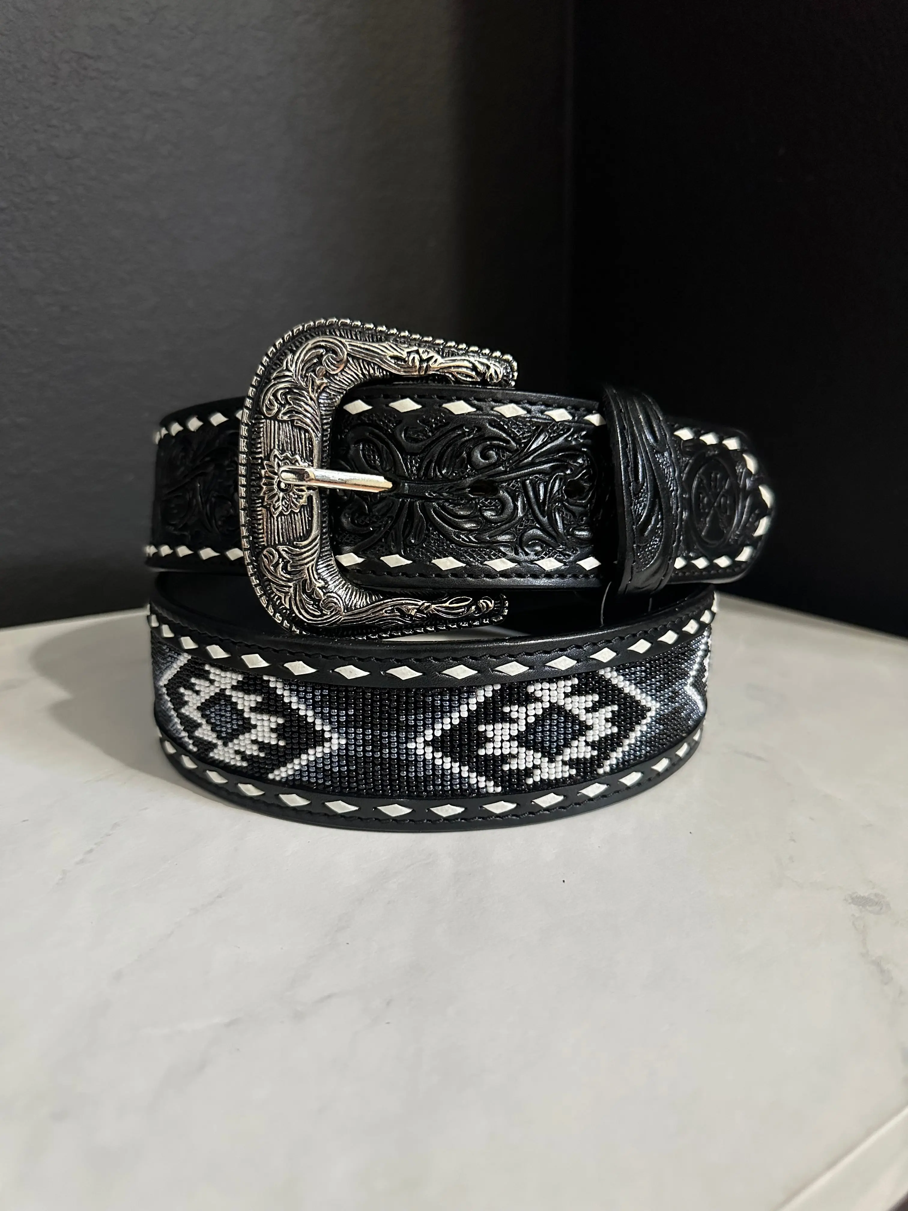 RHC-2023 2” Beaded Aztec Leather Belt with Decorative Buckle