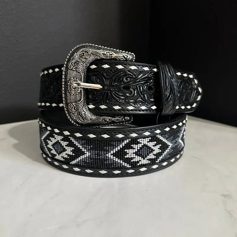 RHC-2023 2” Beaded Aztec Leather Belt with Decorative Buckle
