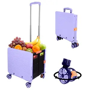 SELORSS BY06 Foldable Utility Cart, Folding Portable Rolling Crate Handcart with Durable Heavy Duty Plastic Telescoping Handle Collapsible 4 Rotate Wheels for Travel Shopping Moving Luggage Office Use (purple)