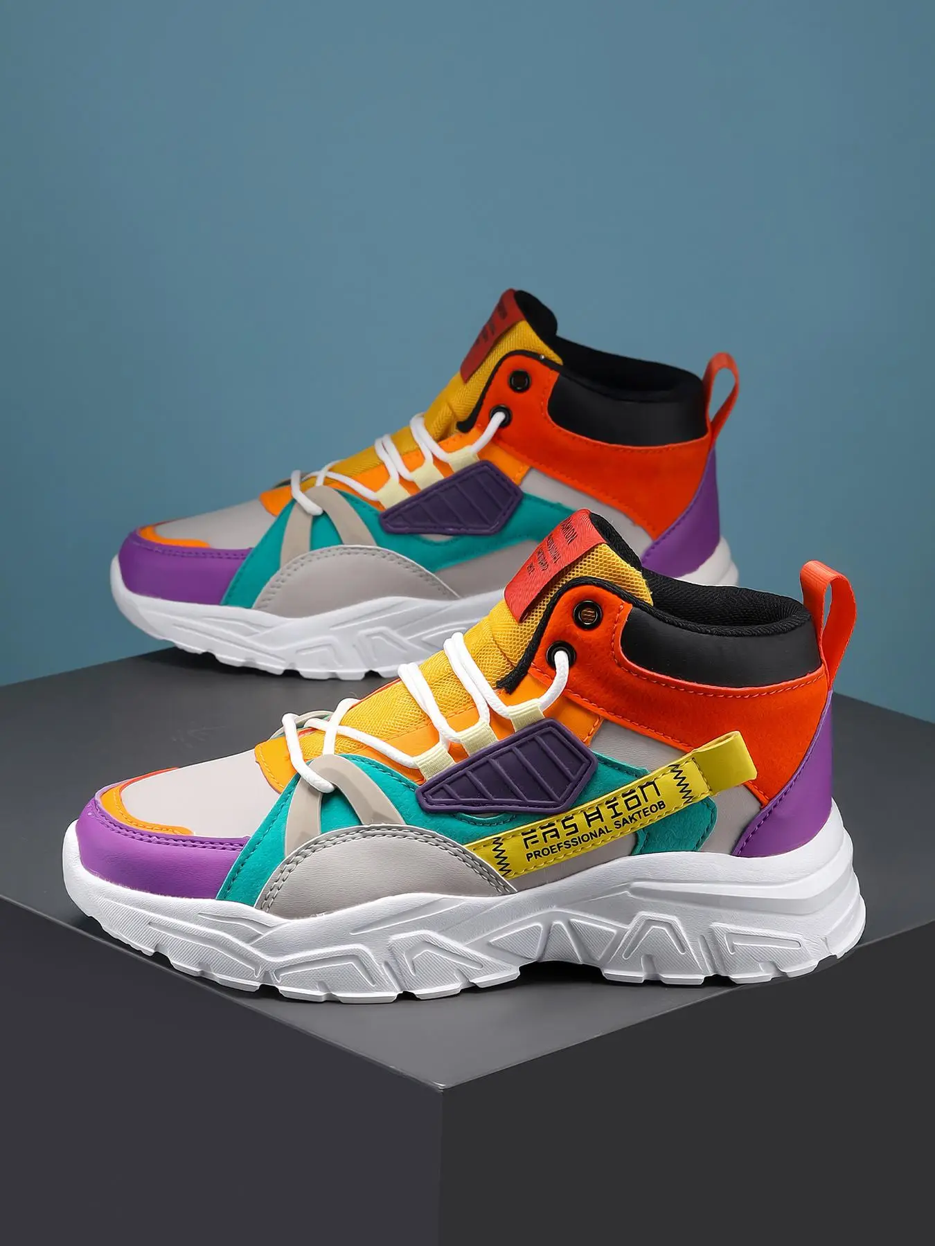 Men's Fashion Colorblock Lace Up Sneakers, Casual Comfortable Sports Running Shoes, Male All-match Round Toe Chunky Sneakers for Daily Life