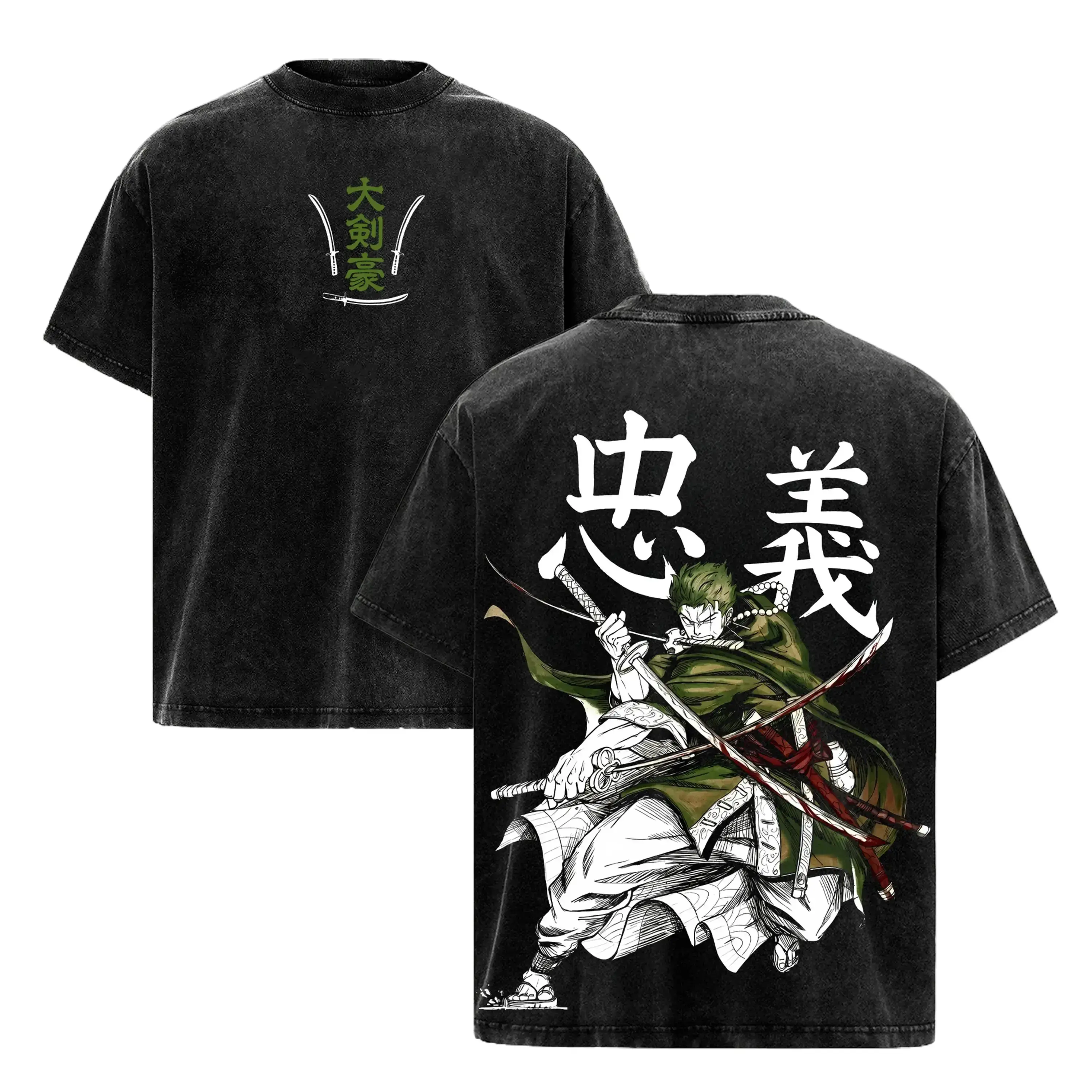 Vintage Washed One Piece Roronoa Zoro Double Sided Tee Green Daiken Gou Swords Front Print Chugi Samurai Three Sword Style Anime Graphic Oversized Black Acid Wash Manga Casual Tee