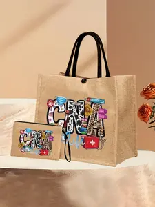 Fashion Cna Print Handbag Set with Makeup Bag, Large Capacity Travel Storage Bag, Commuter Shoulder Bag, Fabric Material