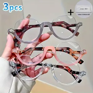 3PCSWomen's Fashion Vintage Cat Eye Frameless Floral Legs Reading Glasses, +1.0 to +4.0 Strength, Lightweight Durable, Includes Case