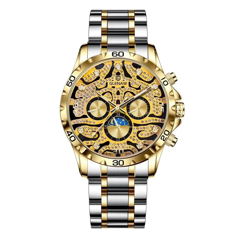 Men's Automatic Stainless Steel Band Watch - Tiger Dial, Rhinestone Scale, Gold Pattern, 12-Hour Display, Weekly Indicator, Waterproof Mechanical Fashion Watch