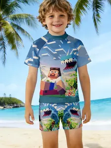 Kids' World Children Swimwear Cartoon Dinosaur Scene Printed Boy Separated Quick-Dry Swimming Suit, Casual All-Season Wear